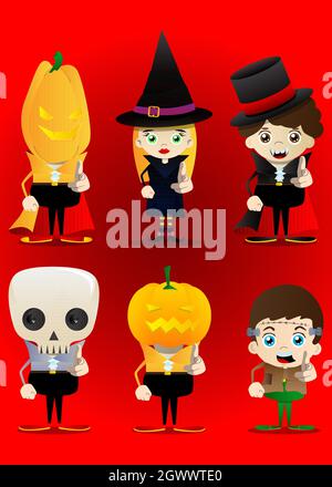 Für Halloween gekleidete Kinder zeigen mit der Hand auf den Betrachter. Vektor Cartoon Figur Illustration von Kindern bereit zu Trick or Treat. Stock Vektor