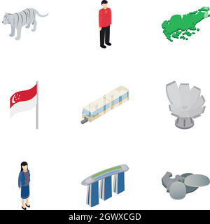 Nach Singapur Symbole gesetzt, isometrische 3D-Stil willkommen Stock Vektor