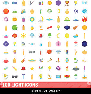 100 Lichtquellen-Icons Set, Cartoon-Stil Stock Vektor