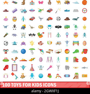 100 Spielwaren für Kinder Icons Set, Cartoon-Stil Stock Vektor