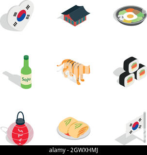 Südkorea Sehenswürdigkeiten Symbole, isometrische 3D-Stil Stock Vektor