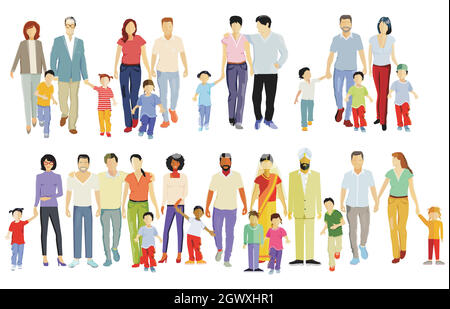 Verschiedene Familien, Eltern und Kinder, Gruppen von Menschen isoliert auf weiß Stock Vektor
