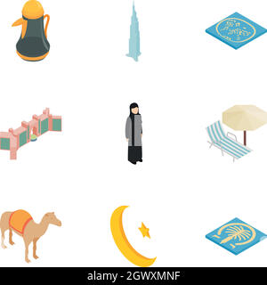Arabische Elemente Symbole gesetzt, isometrische 3D-Stil Stock Vektor