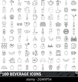 100 trinken Symbole gesetzt, outline Style Stock Vektor