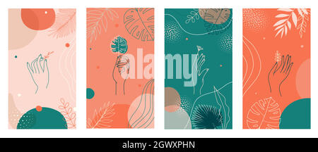 Social Media Geschichten Set, abstrakte moderne Hintergründe mit bunten Kombination von Formen, tropische Handfläche, Hände Symbole. Stock Vektor