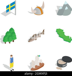 Schweden Icons Set, isometrischen 3d Stil Stock Vektor