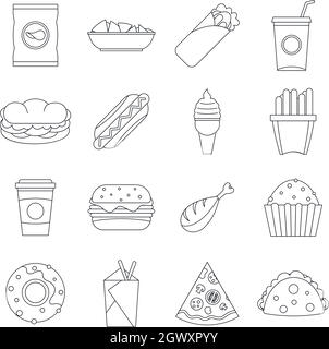 Fast-Food Icons Set, Umriss-Stil Stock Vektor