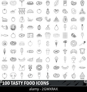 100 leckere Essen Icons Set, Umriss-Stil Stock Vektor