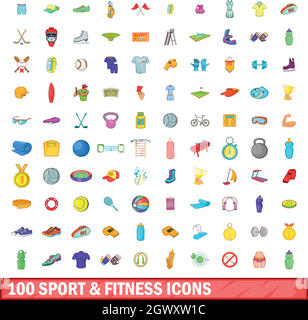 100 Symbole für Sport und Fitness set, cartoon-Stil Stock Vektor