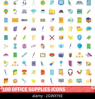 100 Büro liefert Symbole-Set, Cartoon-Stil Stock Vektor