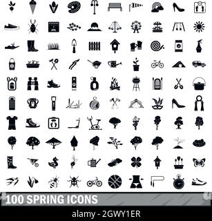 100 Frühling Symbole in einem einfachen Stil eingerichtet Stock Vektor