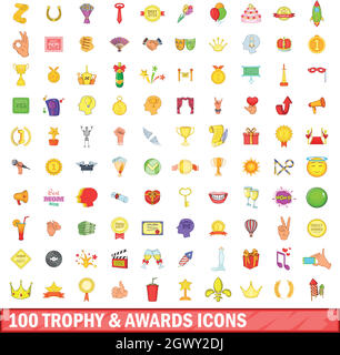 100 Trophy und Auszeichnungen Symbole, Cartoon Stil Stock Vektor