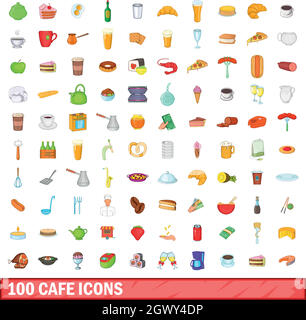 100 Café Icons set, cartoon-Stil Stock Vektor