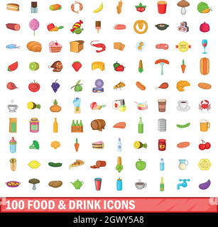 100 Essen und trinken Icons set, cartoon-Stil Stock Vektor
