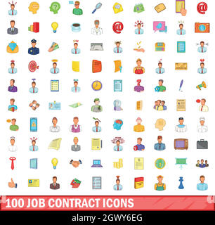 100 Arbeitsvertrag Symbole, Cartoon Stil Stock Vektor