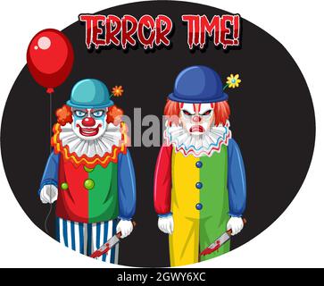 „Terror Time“-Abzeichen mit zwei gruseligen Clowns-Illustrationen Stock Vektor