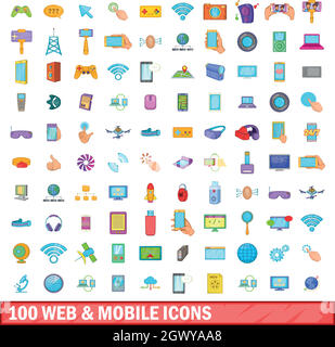 100 Web und mobile Icons, Cartoon Stil Stock Vektor