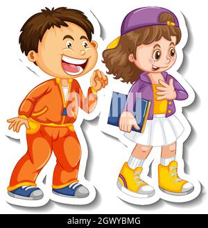 Sticker Vorlage mit paar Kindern Studenten Cartoon Charakter isoliert Illustration Stock Vektor