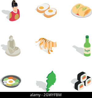 Reisen nach Südkorea Symbole, isometrische 3D-Stil Stock Vektor