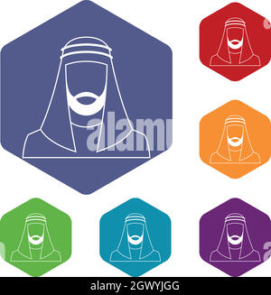 Arabische Mann im traditionellen muslimischen Hut Icons set Stock Vektor