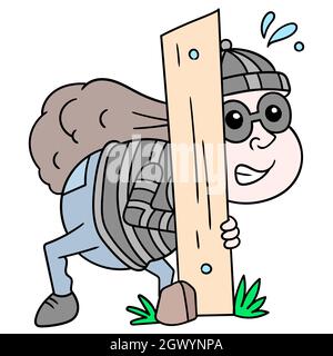 Ein Mann, der Dieb schlich sich hinter einem Holzbrett versteckt Stock Vektor