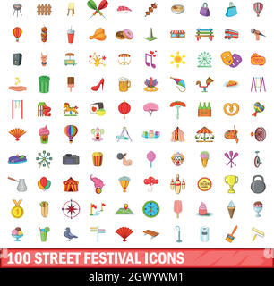 100 Straße Festival Icons Set, Cartoon-Stil Stock Vektor