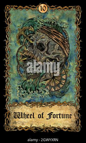 Glücksrad. Große Arcana Tarot-Karte mit Totenkopf auf antikem Hintergrund. Mystische Kunst, Halloween-Illustration mit esoterischem, gotischem, okkulten Koncep Stockfoto