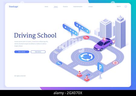 Fahrschule isometrische Landing Page, Schüler Fahrer Pass Prüfung auf Trainingswagen auf der Stadtstraße mit Verkehrskegel, Ring, Parkzone und Markup. Bildungsprogramm für Lizenz, 3d-Vektor-Webbanner Stock Vektor