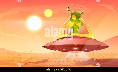 Lustige Alien im Raumschiff schweben über der Marsoberfläche. Vektor-Cartoon-Illustration von roten Planeten Landschaft und niedlichen grünen außerirdischen Charakter in fliegenden Untertasse Stock Vektor