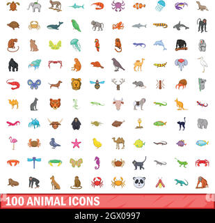 100 Tier Icons, Cartoon Stil Stock Vektor