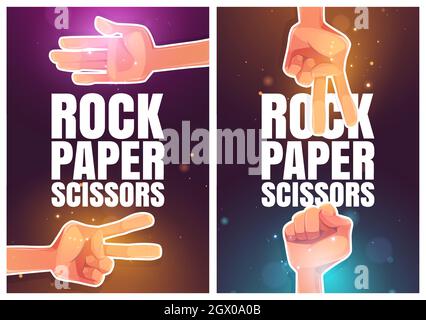 Rock, Papier, Scheren Plakate mit Handfläche und Händen in der Faust und Sieg Symbol. Vektor-Banner der Hand Geste Spiel mit Cartoon-Illustration der menschlichen Arme spielen in Gestik Spiel Stock Vektor