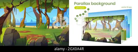 Sommerwald mit Lichtung, Steinen, Bäumen und Strand von See oder Meer. Vektor Parallax Hintergrund mit Schichten mit Cartoon Dschungel Landschaft mit Fluss, Felsen, grüne Bäume und Gras Stock Vektor