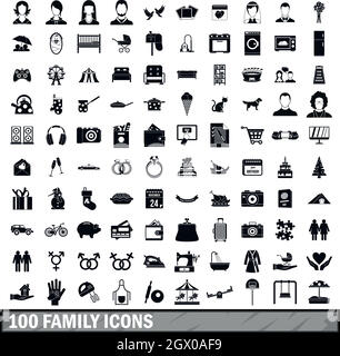 100 Familien Symbole im einfachen Stil festlegen Stock Vektor