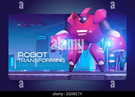 Roboter transformierung Banner mit roten Cyborg Charakter in futuristischer Stadt. Vektor Landing Page mit Cartoon-Illustration von Transformator, Metall Roboter Held auf dem Hintergrund der fantastischen Stadtlandschaft Stock Vektor