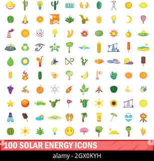 100 solar-Energie-Symbole gesetzt, cartoon-Stil Stock Vektor