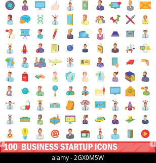 100 Business Startup Symbole, Cartoon Stil Stock Vektor