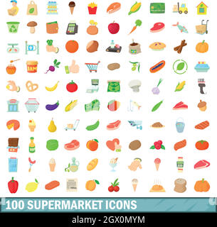 100 Supermarkt Symbole, Cartoon Stil Stock Vektor