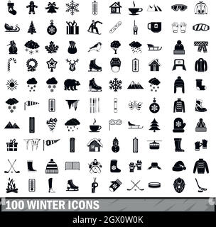 100 winter Symbole in einem einfachen Stil eingerichtet Stock Vektor