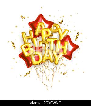 Goldene Folie Happy Birthday Ballons und rote Sterne Ballons mit Glitzer auf weißem Hintergrund. Vektorgrafik, 3d. Stock Vektor