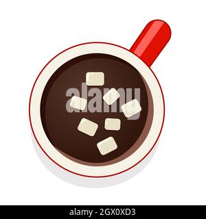 Heiße Schokolade mit Moormarmelin in rotem Becher Draufsicht. Tasse mit Kaffee. Vektorgrafik. Stock Vektor