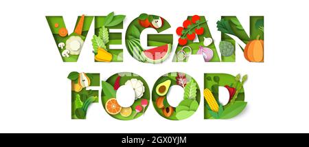 Vegane Lebensmittel Typografie Vektor-Banner-Vorlage. Kreative Komposition aus Papier schneiden frisches Gemüse, Obst. Gesunde Ernährung. Stock Vektor