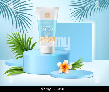 Sonnencreme-Tube auf dem Podium, papiergeschnittene exotische Blätter. Sommer Kosmetik Produkt Anzeige Vorlage Vektor Illustration Stock Vektor