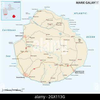 Straßenkarte der Insel Marie Galante, Teil von Guadeloupe Stock Vektor