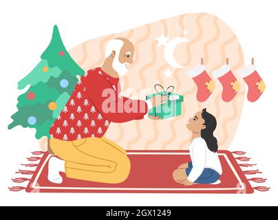 Großvater schenkt Enkelin Weihnachtsgeschenk, flache Vektorgrafik. Großelternbeziehung mit Großelternkindeltern. Stock Vektor