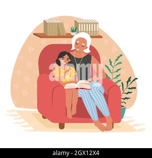 Glückliche Großmutter liest Buch mit Enkelin, flache Vektor-Illustration. Großelternbeziehung mit Großelternkindeltern. Stock Vektor
