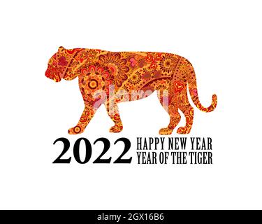Chinesische Neujahrskarte 2022 festliche Vektorkarte. Design mit Tigern, Sternzeichen von 2022 Jahr. Schriftzug: Frohes neues Jahr, Jahr des Tigers. Stock Vektor