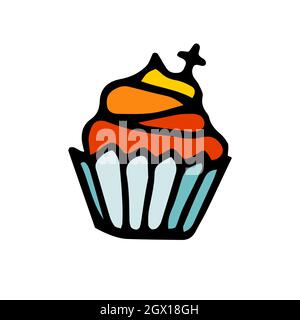 Doodle Cupcake mit Creme, Dekoration. Handgezeichnetes Dessert für Kinderfeste, Halloween, Taufe, Ostern, Geburtstag. Festliches Food-Konzept mit Kreuz. V Stock Vektor