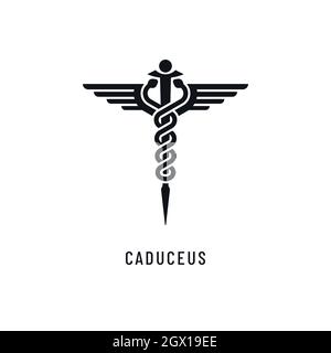 Caduceus-Ikone mit Spiralschlangen, Flügeln und menschlicher Gestalt. Medizinisches Vektor-Logo-Design. Stock Vektor