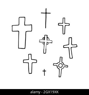 Doodle Crosses Set. Skizzieren Sie Grab isoliert auf weißem Hintergrund. Zeichen von Halloween, Tag der Toten, Beerdigung, RIP, Kirche. Religiöse Skizze Symbol von di Stock Vektor