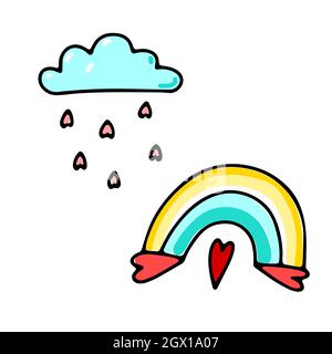 Doodle Valentinstag Regenbogen, Wolke mit Herzen. Handgezeichnete niedliche Liebe Symbole isoliert auf weißem Hintergrund. Farbiger Kawaii-Druck. Romantisch in Herzform Stock Vektor